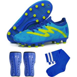 brooman Kids Firm Ground Soccer Cleats Boys Girls Football Shoes with Shin Guards and Soccer Socks (1 Little Kid, Blue)