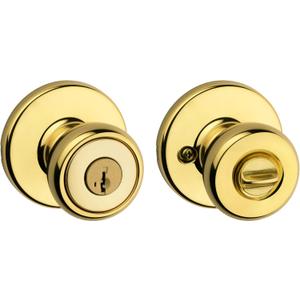 Kwikset Tylo Entry Door Knob with Lock and Key, Secure Keyed Handle Exterior, Front Entrance and Bedroom, Polished Brass, Pick Resistant SmartKey Rekey Security (1 Pack)