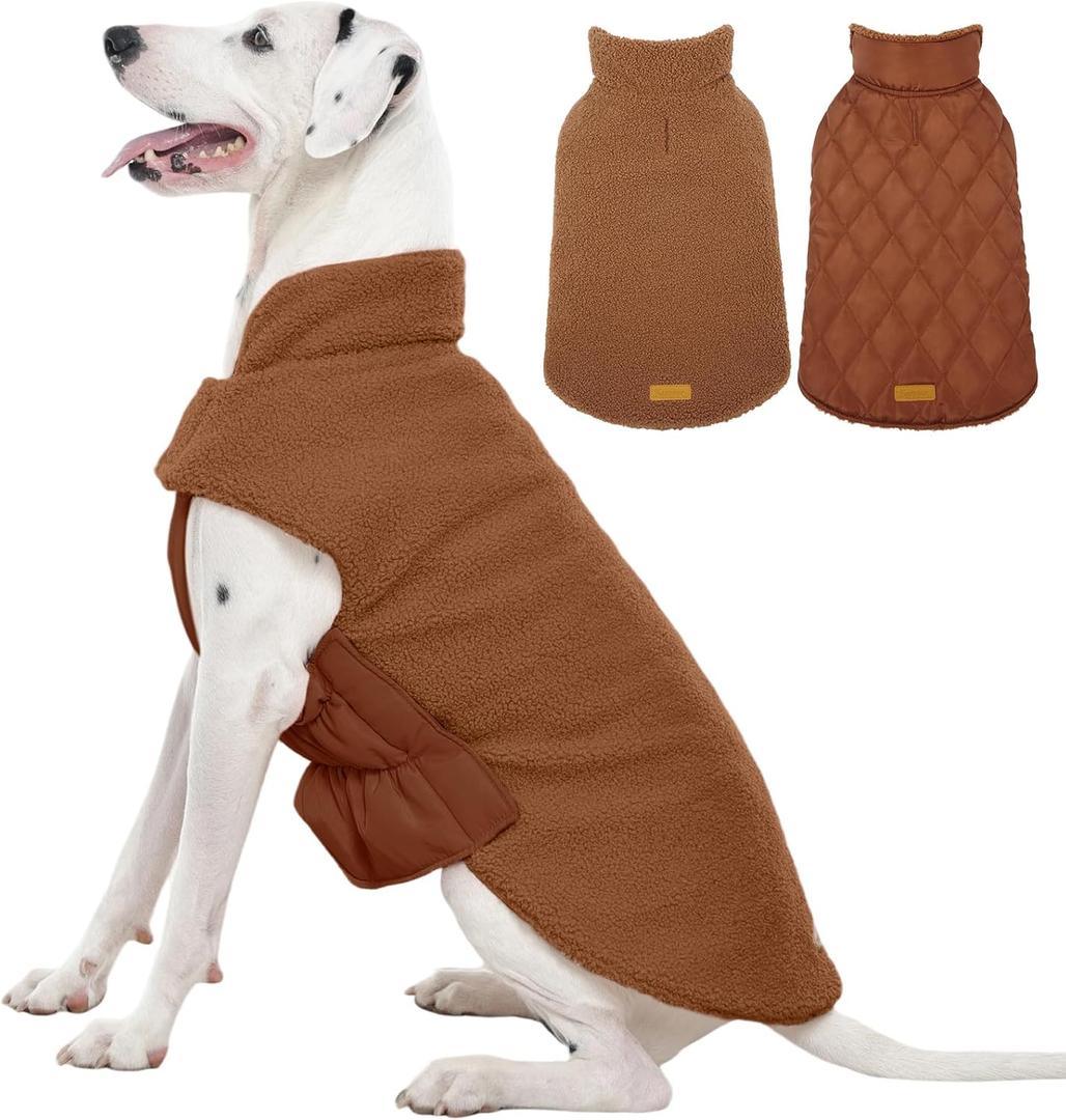 Kuoser Reversible Dog Coat Warm Fleece & Quilted Waterproof Dog Jacket, Double-Sided Cold Weather Dogs Winter Coat with Harness Hole, Windproof Pet Snow Vest , Brown L (Large (Chest: 20.9"-24.4"))