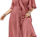 SCOMCHIC Plus Size Summer Dress Casual Short Sleeve Bow Tie Deep V Neck Smocked Button Down Midi Flowy A-line Boho Dresses (Pink)