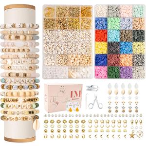 Clay Beads 8000 Pcs 2 Boxes Bracelet Making Kit - 24 Colors Polymer Clay Beads for Bracelet Making Set - Heishi Disc Beads for Jewelry Making kit with Charms and Gift Pack for Girls (gentle)