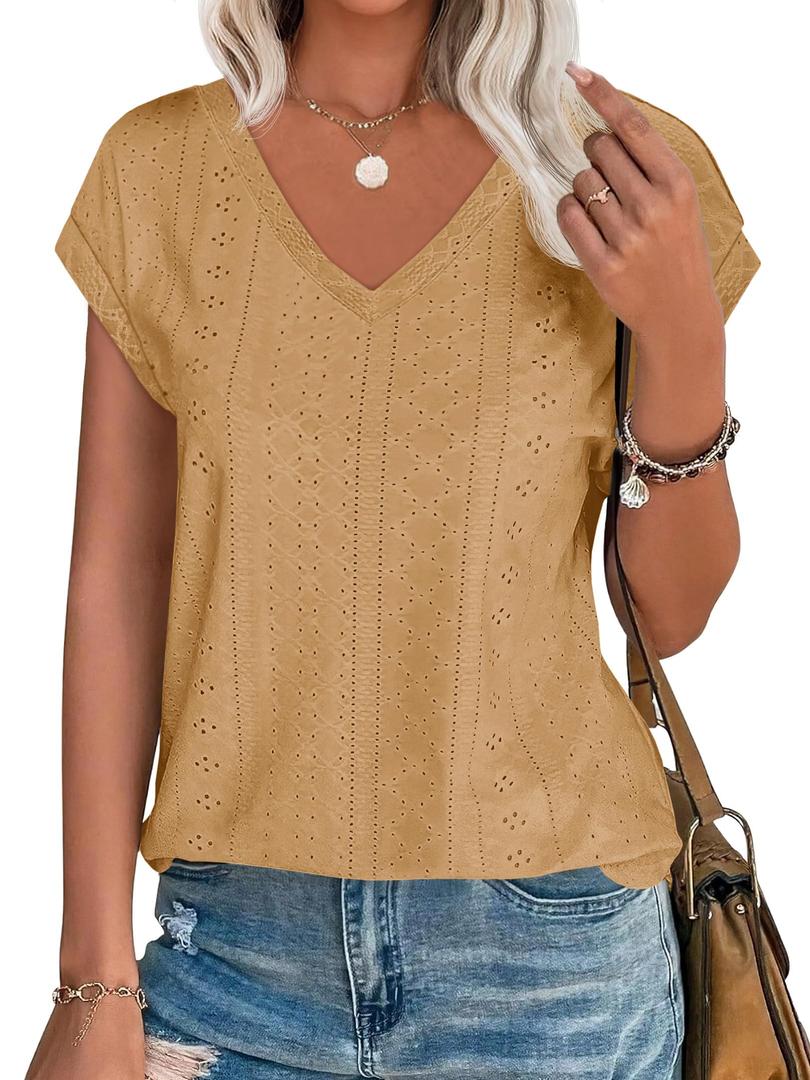 Imily Bela Womens V Neck T-Shirt Summer Cap Sleeve Dressy Casual Tops Eyelet Embroidered Fashion Tees Khaki (S)