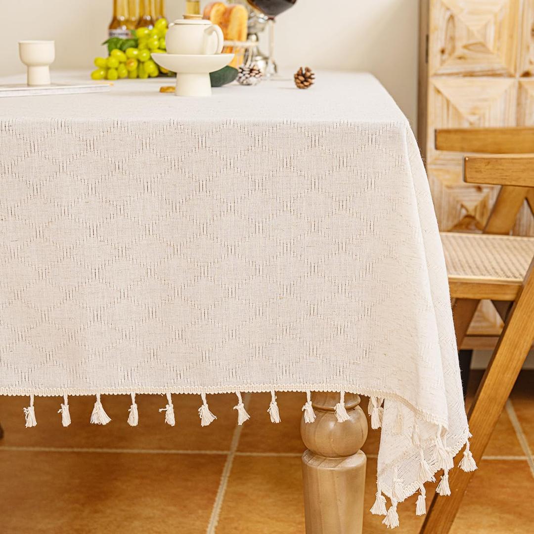 Fringed Polyester-Linen Tablecloth, Rectangular Dining Table Diamond Jacquard Checkered Tablecloth, Various Bohemian Rustic Pastoral-Style tablecloths 55x86 inches