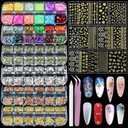Artdone Nail Art Studs Kit, 6 boxes Multicolor And Design 3D Charms Pearls With 15 Sheets Gold Nail Stickers, Diamond Cute Nail Jewels For DIY Decoration with Pickup Tools