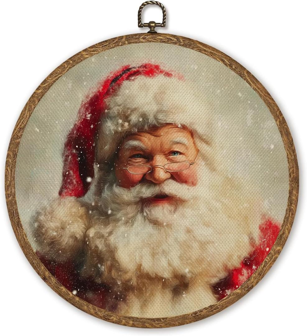 Christmas Santa Claus Round Wall Art for Living Room, 10 Inch Vintage Winter Hanging Decor, Christmas Wall Decor for Bedroom Entryway Door, Holiday Artwork Gift for Family or Friends (Red-Santa Claus02)