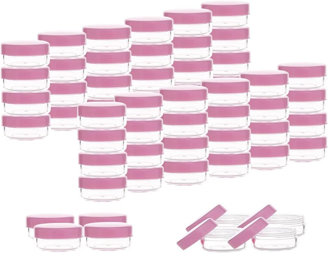 ZEJIA 3 Gram Sample Containers with Lids, 50 Count Tiny Sample Jars, 3ML Makeup Cosmetic Containers for Lip Balms, Lotion, Powder, Beauty Products(Pink Lids)