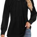 Ficerd Women's Puff Long Sleeve Tunic Tops Pleated Crew Neck Blouses Dressy Casual Shirts 2025 Trendy Clothing (Black, S)