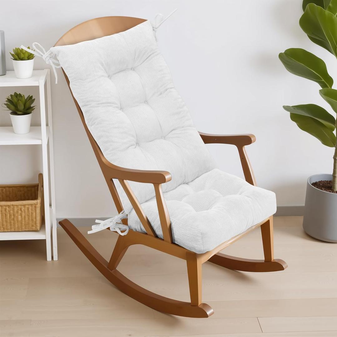 Millsilo Rocking Chair Cushions Indoor, Thicken Adirondack Chair Cushions 2 Piece Sets, High Back Rocker Chair Cushion with Tie, Non-Slip Memory Foam Rocking Chair Seat Cushion, 38x34x4 in, White