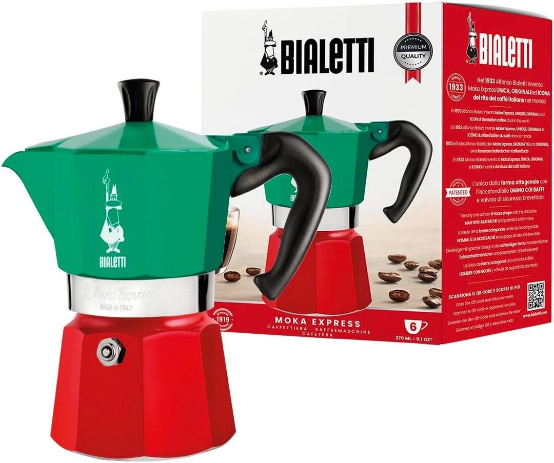 Bialetti - Moka Express Italia Collection: Iconic Stovetop Espresso Maker, Makes Real Italian Coffee, Moka Pot 6 Cups (9 Oz - 270 Ml), Aluminium, Colored in Red Green Silver