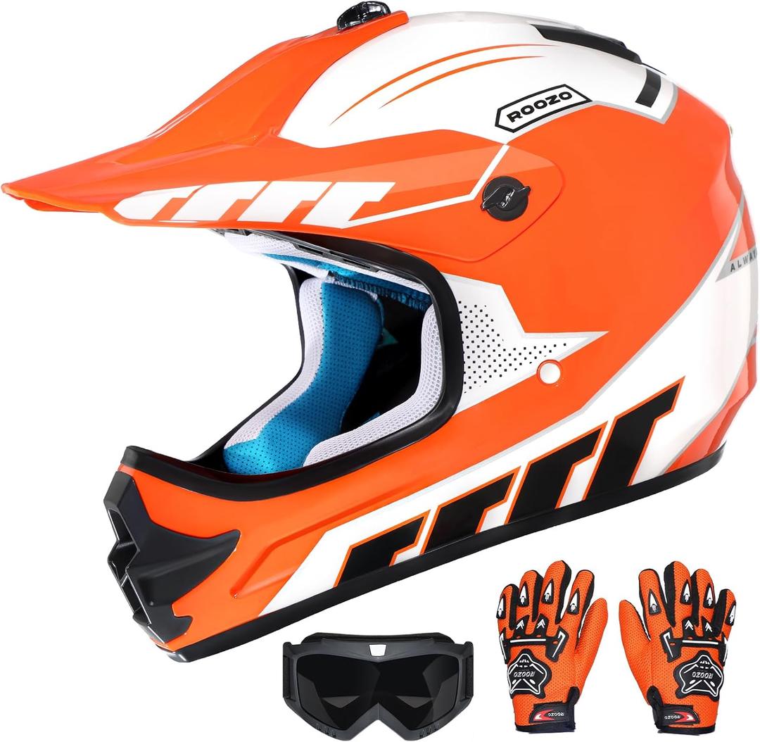 Youth Dirt Bike Helmet DOT Certified - Full Face Motorcycle Helmet for Off-Road, ATV, Street Riding, Includes Adjustable Goggles & Protective Gloves, L