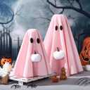 Amyhill 2 Pcs Halloween Ghost Decor Indoor, Spooky Halloween Decorations with Pumpkin Ghost Table Decor for Home Table Centerpiece Shelves Mantel Kitchen Office Fireplace Party(Pink)