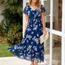 Simplee Womens Floral Maxi Dress - Short Sleeve Summer Boho Wedding Guest Dress Empire Waist Chiffon Modest Midi Dresses (Blue, XL)