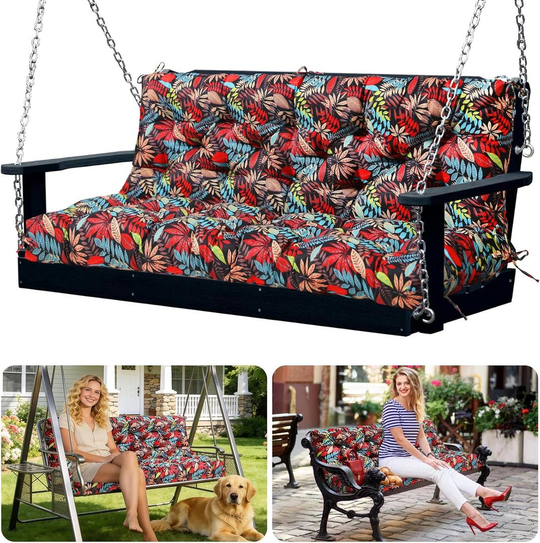 Porch Swing Cushions 3 Seater Replacement Thicken 5" Waterproof & Fade Resistant Swing Cushions for Outdoor Furniture Bench Patio Swing Cushion with Backrest & Ties(Black Floral 60x40x5inch)