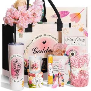 Birthday Gifts for Women,Self Care Gift,Blooming Goddess Style Inspirational Gift Baskets for Women,Tote Bag Tumbler Relaxing Gift for Her Wife Sister Bestie Mom