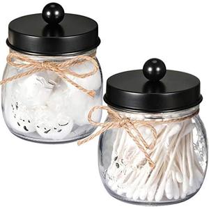SheeChung 2 Pack Qtip Holders, Black Bathroom Decor, Cotton Swab Holders, Bathroom Jars, Restroom Decor for Cotton Balls, Pads, Floss Picks - Black