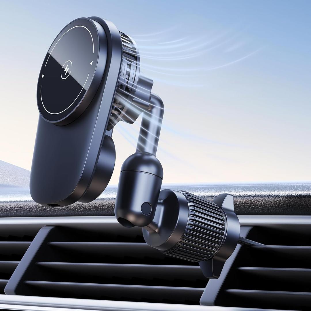 Long-arm Wireless Magnetic Car Phone Holder Mount with Cooling Fan & RGB Lights, 15W Fast Charging Auto-Rotate Charger for iPhone 17/16/15/14/13/12 S25 Samsung Google, Car Air Vent Mount