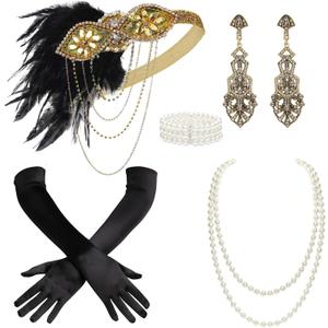BABEYOND 1920s Accessories for Women - Flapper Headpiece Feather Great Gatsby Accessories for Women Pearl Necklace Gloves (Black Gold)
