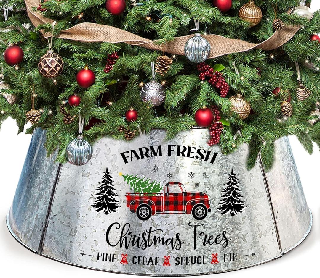 Christmas Tree Collar 29 Inch Diameter Base, Large Metal Tree Collar for Pencil Tree, Christmas Truck Decorations (Silver)