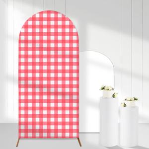 Watermelon Pink Gingham Arch Backdrop Covers, 6 Ft Pink Stretchy Arch Backdrop Stand Covers, Photography Background White Plaid Arch Stand Cover (1, red)