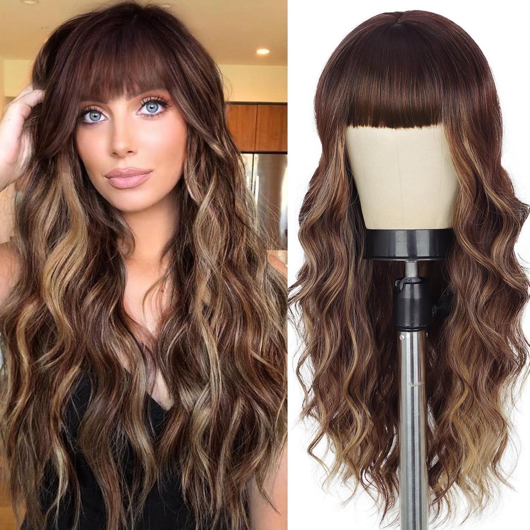 Lativ Brown Wig With Bangs Long Wavy Brown Mixed Blonde Highlight Wig with Dark Roots Ombre Natural Curly Synthetic Resistant Fiber Wigs for Women Daily Party Use, 26 Inches