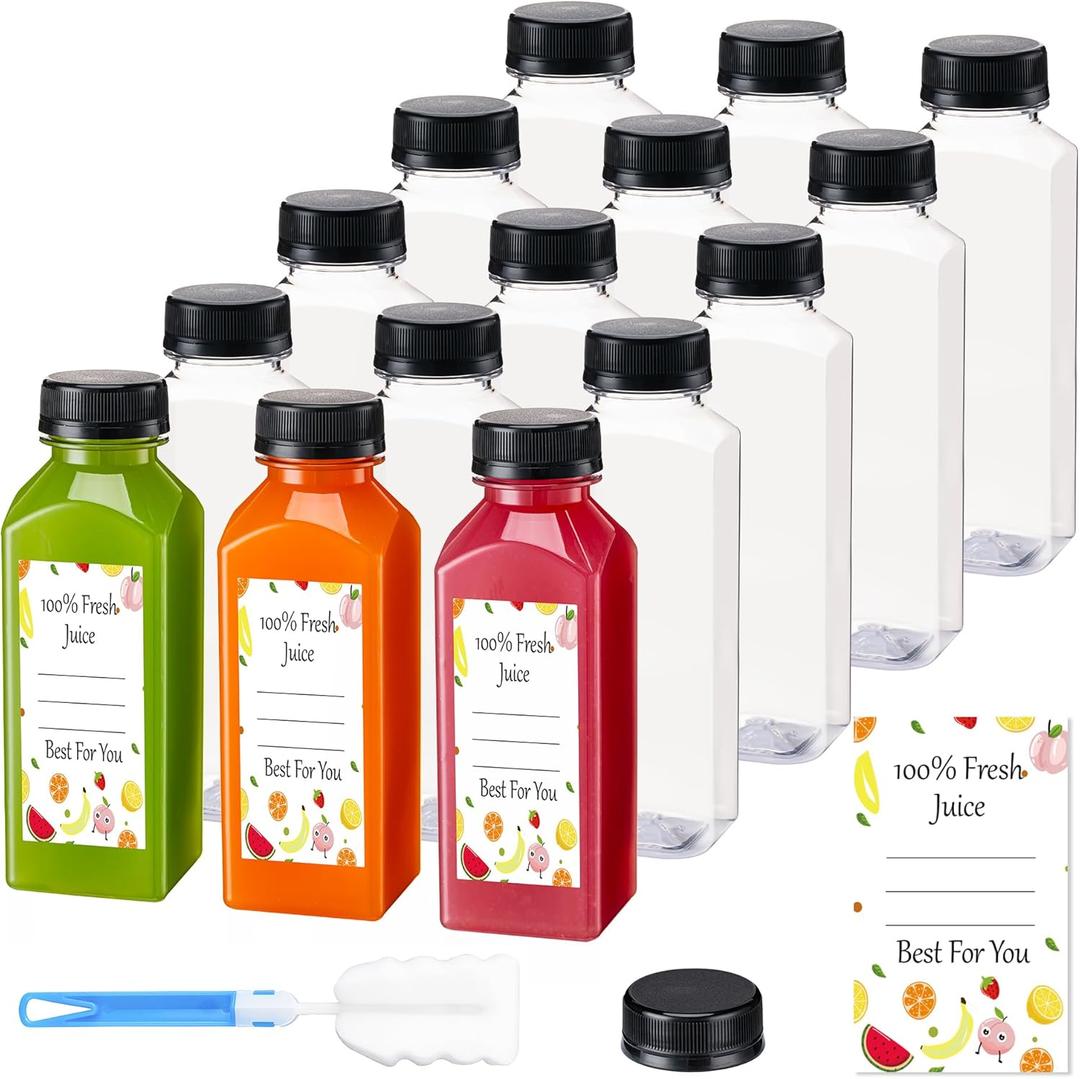 BOOMIBOO Juice Bottles with Caps - 15Pcs 12oz, Reusable Clear Plastic Bottles for Juicing & Smoothies - Includes Labels & Bottle Brush