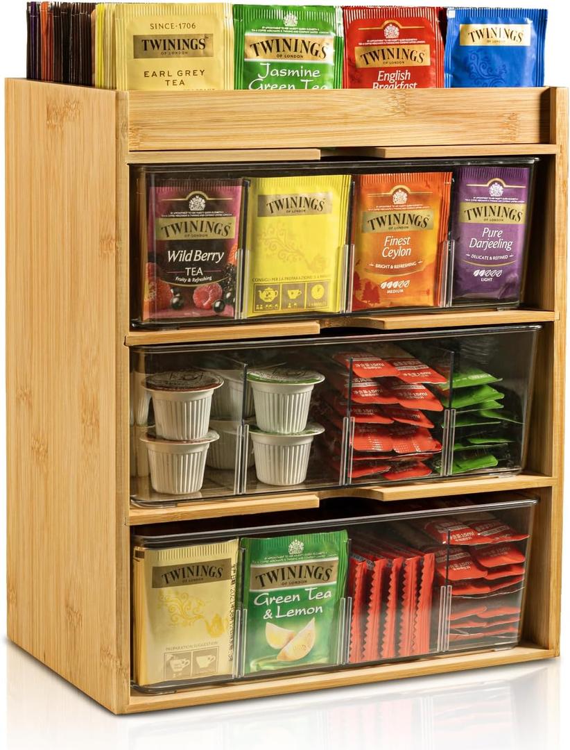 Tea Bag Organizer - Bamboo Tea Storage With Drawer 3 Layer, Organizer for Tea Bags Natural Wood & Acrylic for Countertop Office Kitchen Cabinet Pantry