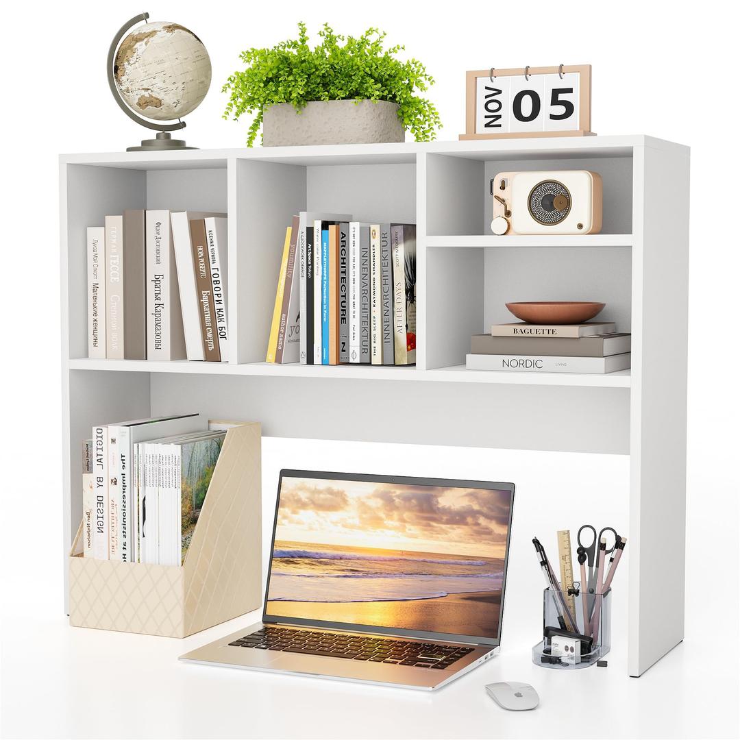 Clikuutory 2-Tier Desktop Bookshelf Hutch, Wood Countertop Storage Organizer with 4 Storage Compartments for Computer Desk, Multipurpose Tabletop Display Rack for Home Office Dorm Bedroom, White