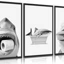 3pcs Black And White Shark Bathroom Canvas wall art Funny ocean Animal bathtub Paintings Pictures Wall Decor Modern Poster Printing Artwork for Restroom Toilet Home Decoration Unframed (16x24in)