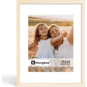 Hongkee 11x14 Picture Frame, Made of Solid Wood with Real Glass, Display Pictures 8x10 with Mat or 11 x 14 without Mat - Wall and Tabletop (Natural, 1 Pack)