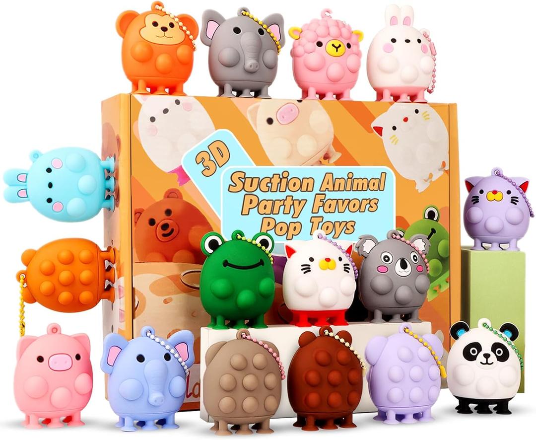 24PCS Party Favors for Kids,3D Animal Pop Toys,Goodie Bags Stuffers for Kids,Pinata Stuffers Carnival Prizes,Fidget Toys Bulk,Prize Treasure Box Toys for Classroom,Suction Toys for Toddlers