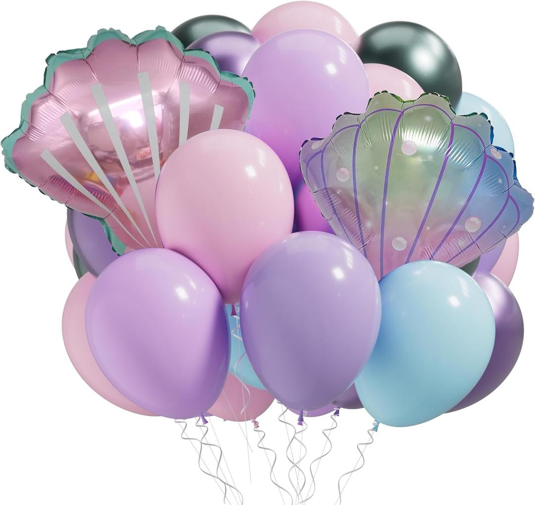 Mermaid Theme Decor Party Balloons, Macaron Pink Blue Purple Green Metallic Balloons Popcorn Seashell Balloon for Kids Baby Shower Mermaid Theme Birthday Party Decoration Supplies