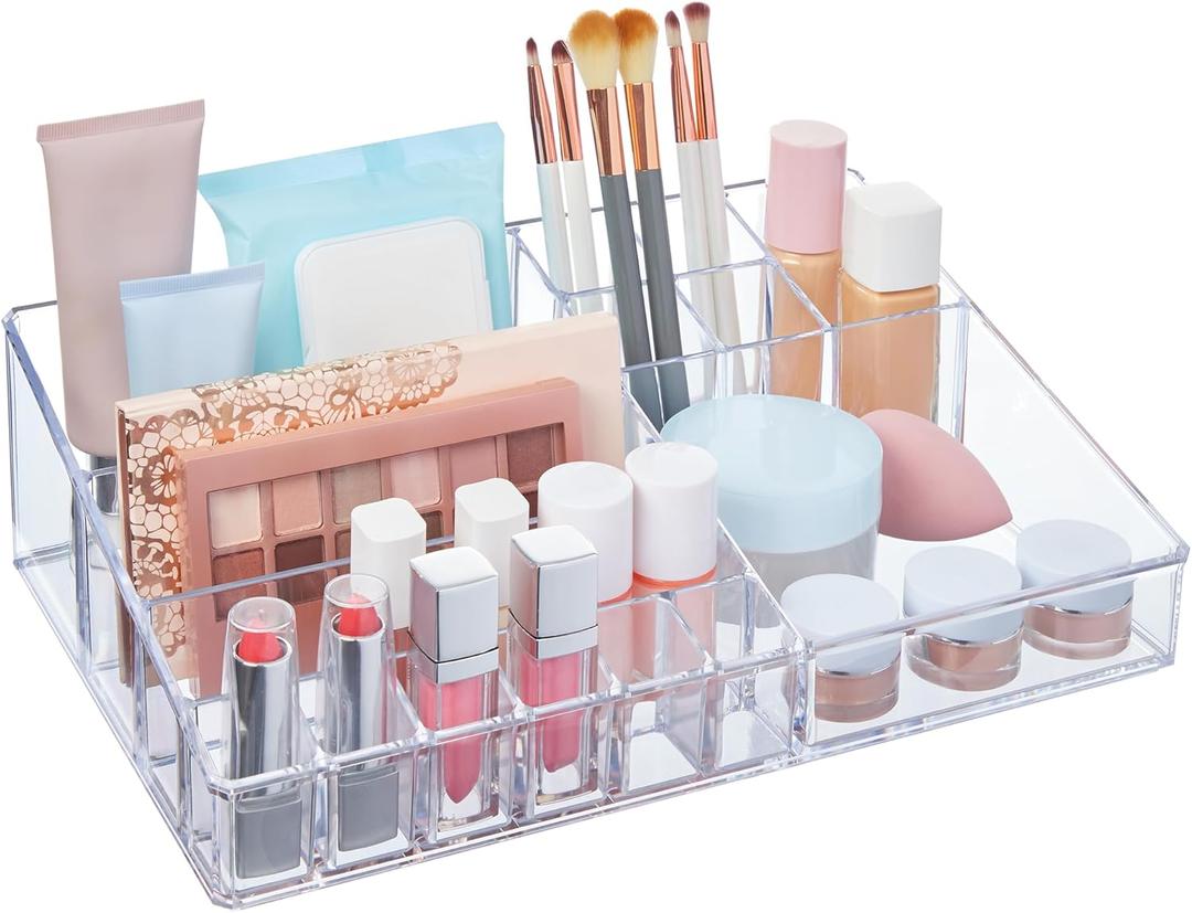 STORi Audrey Clear Vanity Makeup Organizer | 15-Compartment Holder for Brushes, Eyeshadow Palettes, & Beauty Supplies | Stacks on Audrey Storage Drawers | Made in USA | Vanity, Holder