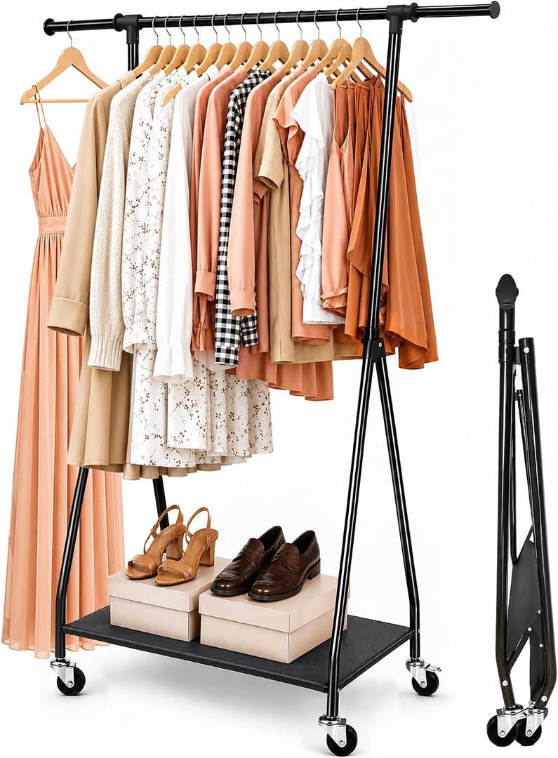Foldable Clothes Rack with Wheels - Rolling Clothing Rack Adjustable Height - Portable Garment Rack with Shelves - Collapsible Hanging Rack for Clothes