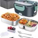 Buddew Electric Lunch Box 80W Food Heater with Dual Container, Portable Lunch Warmer for Adults, Upgraded Heated Lunch Box for Car/Truck/Office (GREEN-Dual Container)