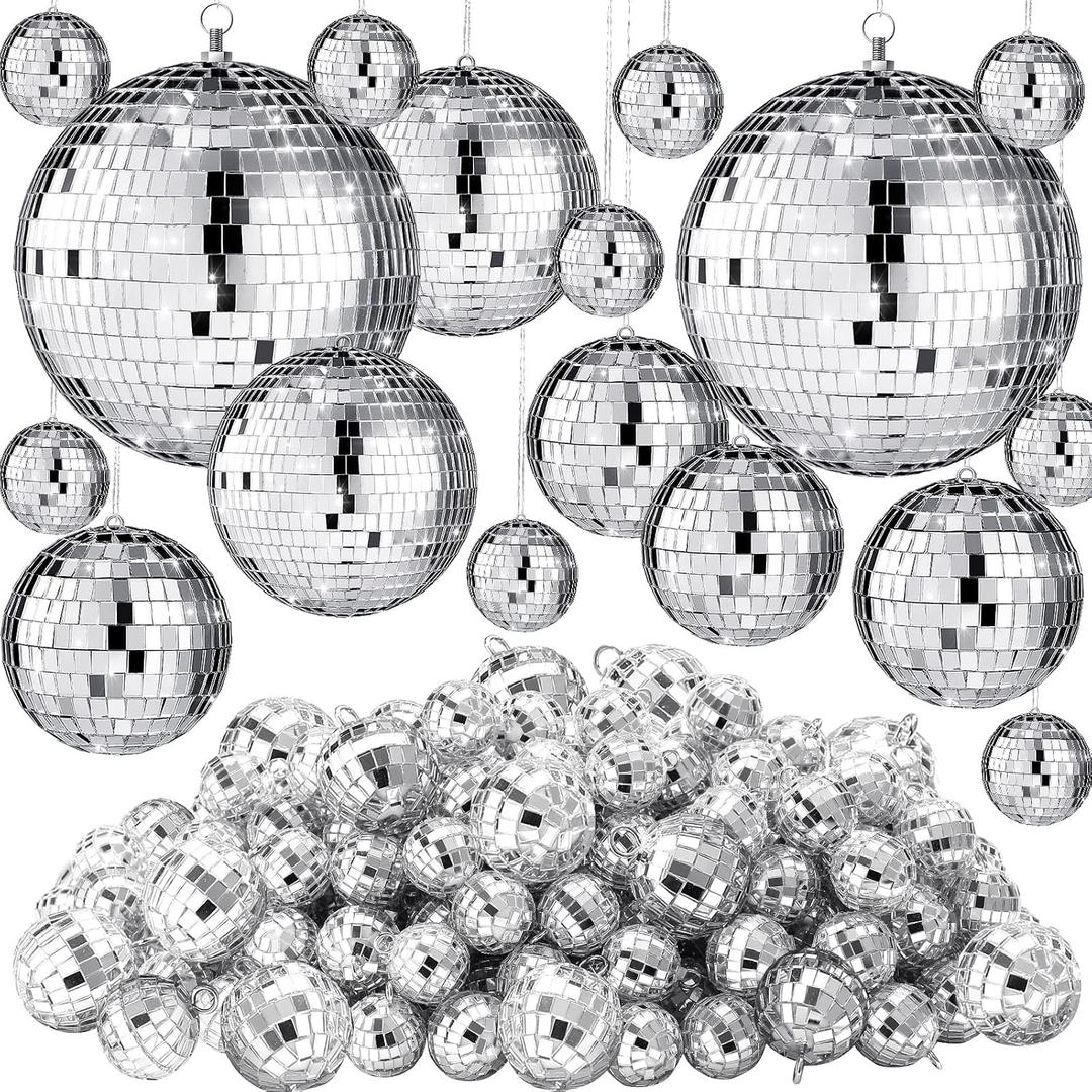 Hoolerry 200 Pcs Mini Mirror Disco Ball Ornaments Mardi Gras Small Silver Hanging Decorations Reflective Tiny Balls Bulk for 70s 80s 90s Disco Party, Birthday(8'', 6'', 4'', 3'', 2,'' 1'')