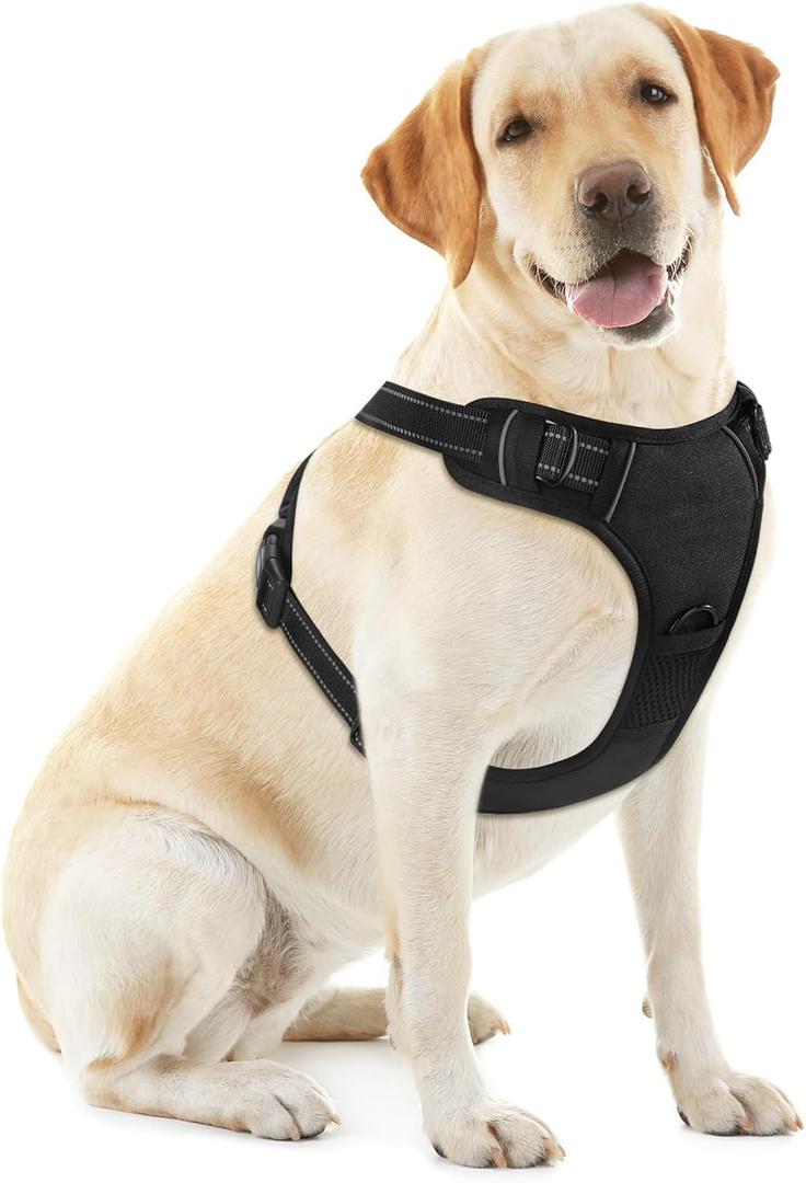 Adjustable Reflective Black No-Pull Dog Harness with 2 Leash ClipsSoft Padded Vest for Large Dog, Easy to Put on and Take Off, Black L