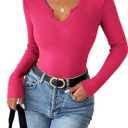 Zeagoo Womens Long Sleeve Shirts V-Neck Rib Knit Slim Fit Tops Casual Stretch Basic Tee Going Out Top Fall Fashion 2025 (Pink, M)