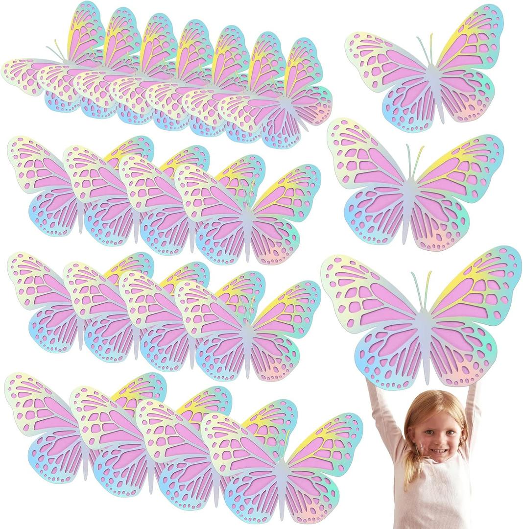 Geosar 20 Pcs 3D Large Butterfly Party Decoration 2 Layer Giant Paper Butterfly Stickers for Birthday Baby Shower Nursery Wall Decor (Purple,Dazzling Silver)