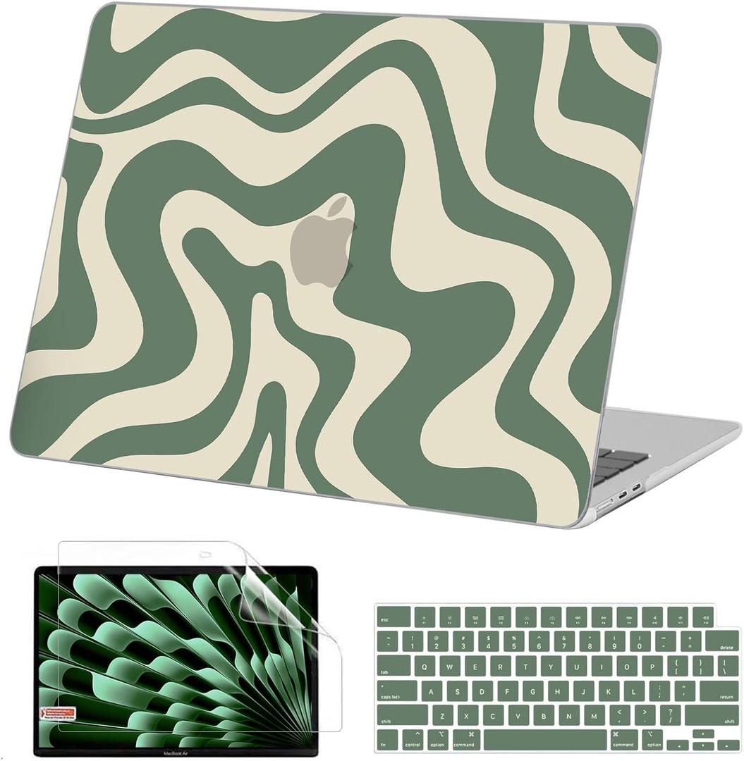 AKIT Compatible with MacBook Air 13 inch Case 2025 2024-2022 M4 M3 M2 A3240 A3113 A2681, Unique Pattern Hard Shell Laptop Case+Screen Protector+Keyboard Cover for MacBook Air 13.6 inch, Green Wave