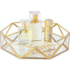 Feyarl Gold Glass Perfume Tray Mirror Vanity Jewelry Trinket Organizer Tray Ornate Cosmetic Makeup Display Decorative Coffee Table Tray for Wedding Home Decor Dresser Tabletop Countertop (9.5inch)