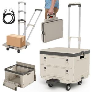 3 in 1 Teacher Cart with Wheels & a Strap, 132 lbs Capacity, Foldable Utility Cart for Luggage/Shopping/Stackable Storage Crate Cart, Beige