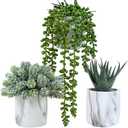 Winlyn Set of 3 Small Artificial Succulent Potted Plants Fake Aloe Hops String of Pearls in Modern Marble Ceramic Planter for Home Garden Bathroom Shelf Office Desk Tabletop Indoor Outdoor Décor