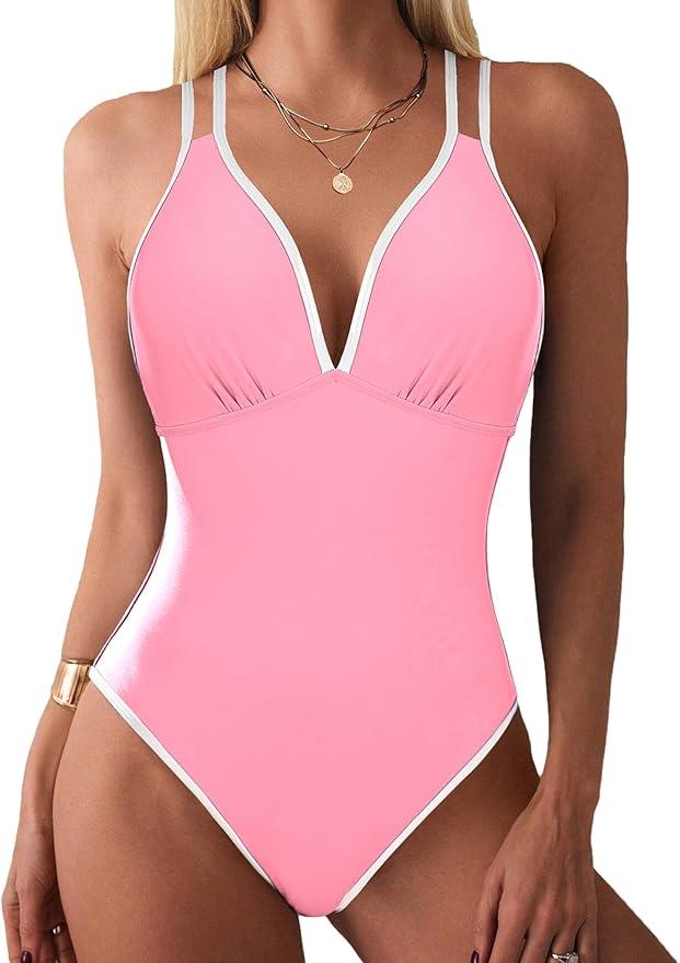 AI'MAGE Womens Swimsuit One Piece Tummy Control Bathing Suit V Neck Push Up Double Straps Slimming Swimwear, XS