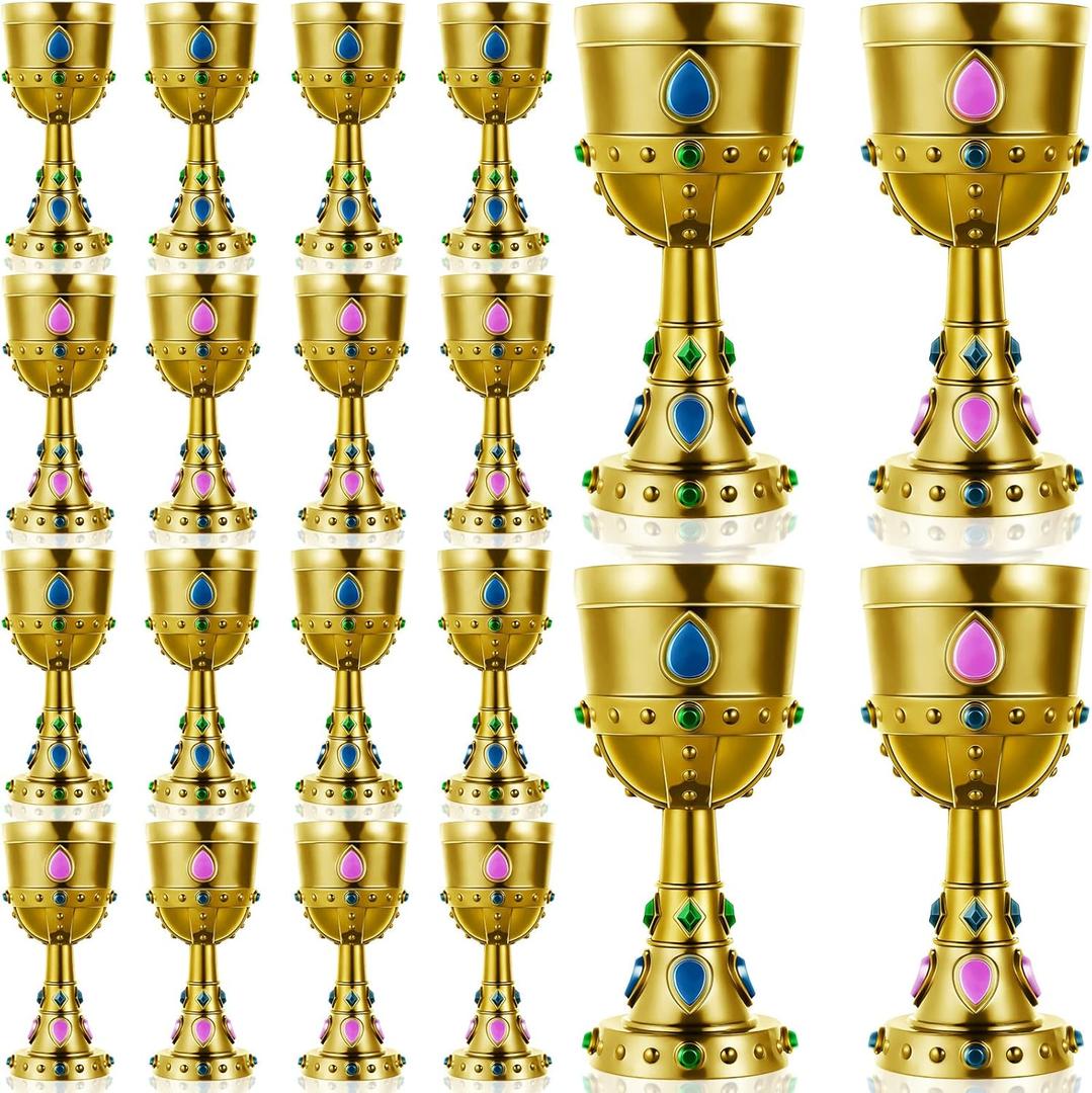 Suclain 17 Pcs Medieval Molded Crown Goblets 8 oz Gold Jeweled chalice Vintage Plastic Goblet King Queen Party Chalice Medieval Party Decorations for Carnival Drinking Supplies