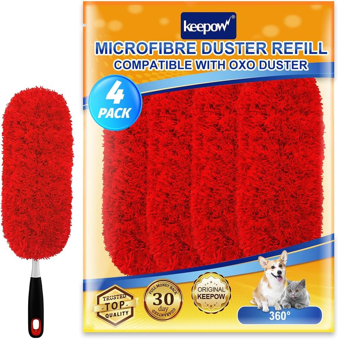 KEEPOW 4 Pack Microfiber Heavy Duty Reusable Duster Refills Compatible with OXO Duster, Microfiber Dusters for Cleaning Compatible with OXO Microfiber Duster for Ceiling(Handle is Not Included)