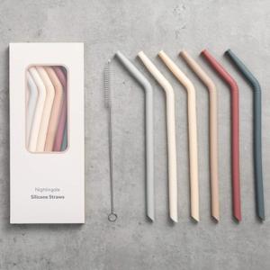 Nightingale Reusable Silicone Straws - Bendy Drinking Straw with Cleaning Brush - Collapsible and Bendable Travel Straw for Kids - Dishwasher Safe, Food-Safe - Set of 6 (Oak Multi)