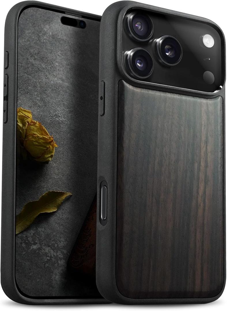 Carveit Magnetic Wooden Case for iPhone 17 Pro Case, Wood Artisan Engraved & Black Soft TPU Shockproof Cover, Compatible with MagSafe Wireless Chargers (Natural Grain) Blackwood