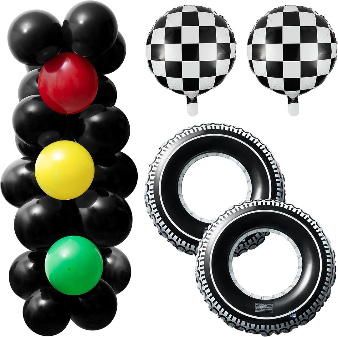 ANGOLIO 34Pcs Car Balloons Party Decoration Inflatable Tires Traffic Light Balloons Favors Party Supplies Include Balloon Tire Swimming Ring Glue Ribbon Decorations Birthday Fit for Boys Birthday Gift
