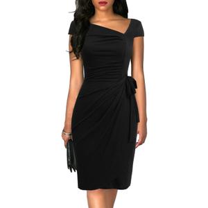 Women's Vintage Cap Sleeves Asymmetrical Neckline Sheath Bodycon Casual Work Cocktail Party Pencil Faux Wrap Dresses (Black, L)