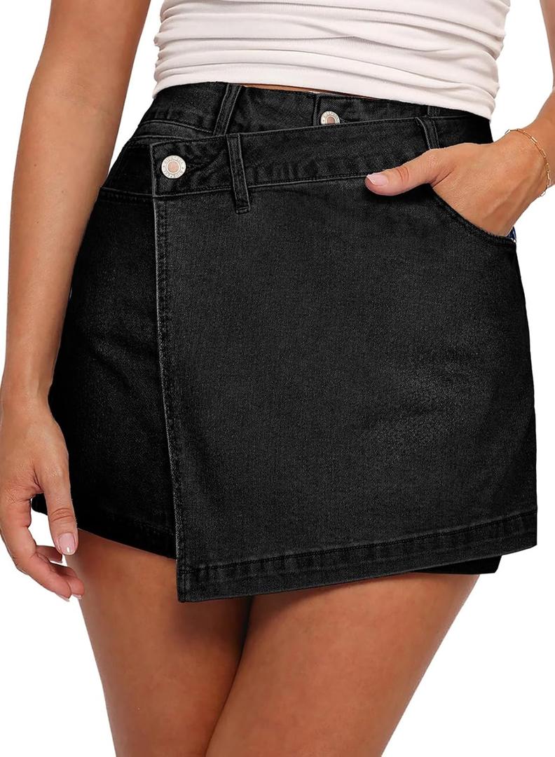 Sidefeel Skorts for Woman High Waisted Jean Skort Wrap Stretchy Asymmetrical Skorts (12, Black)